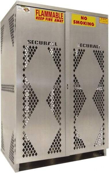 Securall Cabinets - 2 Door, 4 Shelf, Silver Aluminum Standard Safety Cabinet for Flammable and Combustible Liquids - 65" High x 60" Wide x 32" Deep, Manual Closing Door, Padlockable Hasp, 20 or 33 Lb Cylinder Capacity - Top Tool & Supply