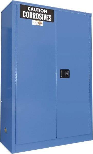 Securall Cabinets - 2 Door, 2 Shelf, Blue Steel Standard Safety Cabinet for Corrosive Chemicals - 65" High x 43" Wide x 18" Deep, Manual Closing Door, 3 Point Key Lock, 45 Gal Capacity - Top Tool & Supply