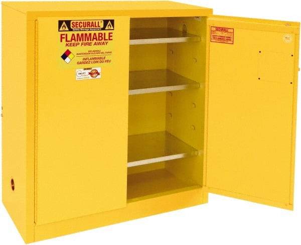 Securall Cabinets - 2 Door, 3 Shelf, Yellow Steel Standard Safety Cabinet for Flammable and Combustible Liquids - 44" High x 43" Wide x 18" Deep, Manual Closing Door, 3 Point Key Lock, 40 Gal Capacity - Top Tool & Supply