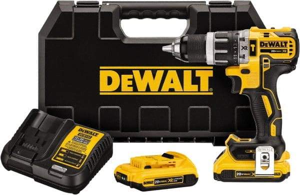 DeWALT - 20 Volt 1/2" Metal Single Sleeve w Carbide Jaws Ratcheting Chuck Chuck Cordless Hammer Drill - 0 to 34,000 BPM, 0 to 500 & 0 to 2,000 RPM, Reversible, Mid-Handle - Top Tool & Supply