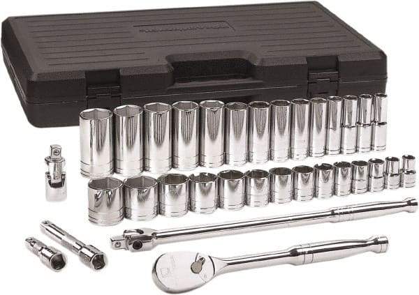 GearWrench - 33 Piece 1/2" Drive Chrome Finish Deep Well Socket Set - 6 Points, 7/16" to 1-1/2" Range, Inch Measurement Standard - Top Tool & Supply