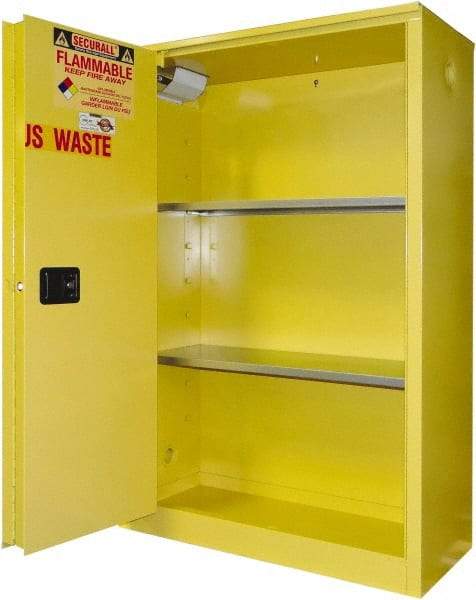 Securall Cabinets - 2 Door, 2 Shelf, Yellow Steel Standard Safety Cabinet for Flammable and Combustible Liquids - 65" High x 43" Wide x 18" Deep, Sliding Door, 3 Point Key Lock, 45 Gal Capacity - Top Tool & Supply