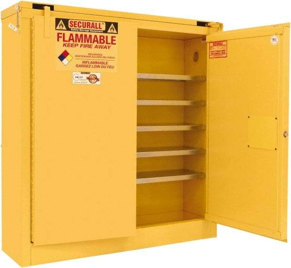 Securall Cabinets - 2 Door, 5 Shelf, Yellow Steel Wall Mount Safety Cabinet for Flammable and Combustible Liquids - 46" High x 43" Wide x 12" Deep, Self Closing Door, 3 Point Key Lock, 24 Gal Capacity - Top Tool & Supply