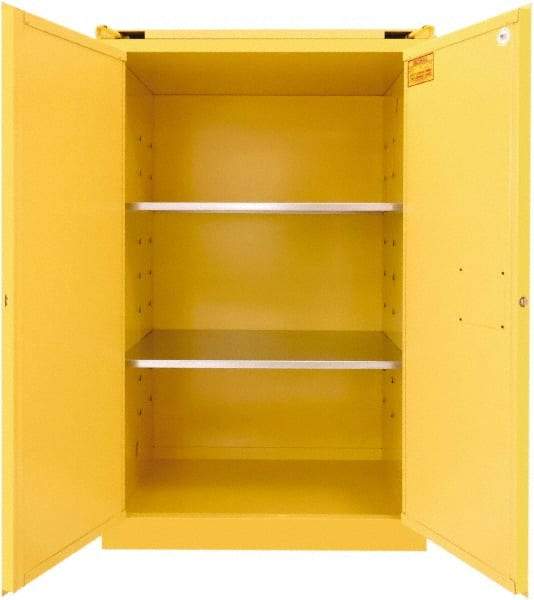 Securall Cabinets - 2 Door, 2 Shelf, Yellow Steel Standard Safety Cabinet for Flammable and Combustible Liquids - 67" High x 43" Wide x 31" Deep, Self Closing Door, 3 Point Key Lock, 90 Gal Capacity - Top Tool & Supply