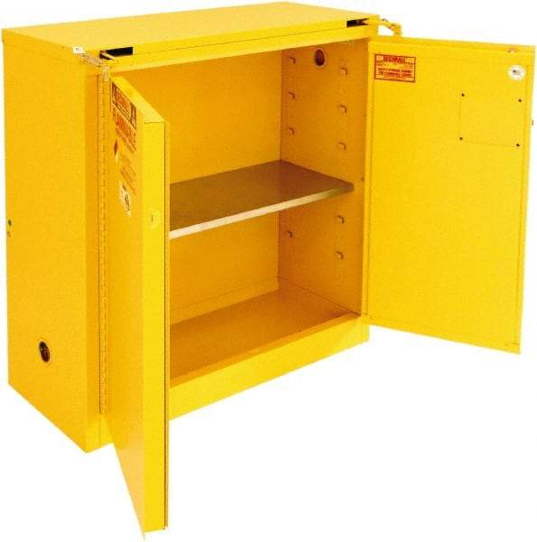 Securall Cabinets - 2 Door, 1 Shelf, Yellow Steel Standard Safety Cabinet for Flammable and Combustible Liquids - 46" High x 43" Wide x 18" Deep, Self Closing Door, 3 Point Key Lock, 30 Gal Capacity - Top Tool & Supply