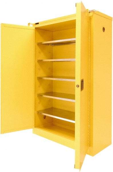 Securall Cabinets - 2 Door, 5 Shelf, Yellow Steel Standard Safety Cabinet for Flammable and Combustible Liquids - 67" High x 43" Wide x 18" Deep, Sliding Door, 3 Point Key Lock, 60 Gal Capacity - Top Tool & Supply