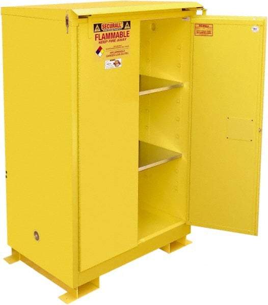 Securall Cabinets - 2 Door, 2 Shelf, Yellow Steel Standard Safety Cabinet for Flammable and Combustible Liquids - 71" High x 43" Wide x 31" Deep, Self Closing Door, 3 Point Key Lock, 90 Gal Capacity - Top Tool & Supply