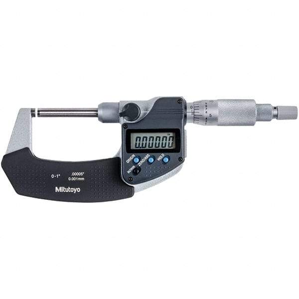 Mitutoyo - 0 to 1" Range, 0.00005" Resolution, Non-Rotating Throat Electronic Outside Micrometer - 0.00015" Accuracy, Ratchet Stop Thimble, Carbide-Tipped Face, SR44 Battery - Top Tool & Supply