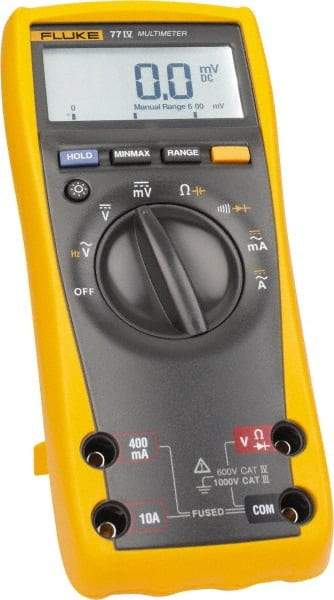 Fluke - 77-4, CAT IV, CAT III, 1,000 VAC/VDC, Digital Auto Ranging Average Responding Manual Ranging Multimeter - 50 mOhm, Measures Voltage, Capacitance, Current, Frequency, Resistance - Top Tool & Supply