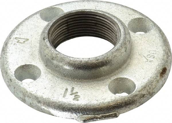 Made in USA - 1-1/2" Pipe, 4-1/2" OD, 7/8" Hub Length, Galvanized Floor Pipe Flange - 3-1/2" Across Bolt Hole Centers, 5/16" Bolt Hole, 150 psi, Class 150 - Top Tool & Supply