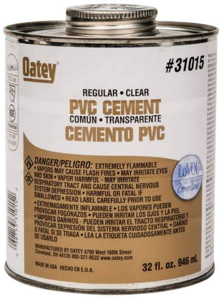 Oatey - 32 oz Regular Bodied Cement - Clear, Use with Schedule 40 PVC up to 4" Diam & Schedule 80 PVC up to 2" Diam - Top Tool & Supply