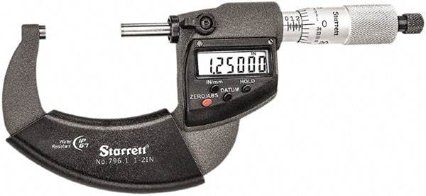 Starrett - 1 to 2" Range, Standard Throat IP67 Electronic Outside Micrometer - Ratchet Stop Thimble, Carbide Face, CR2032 Battery - Top Tool & Supply