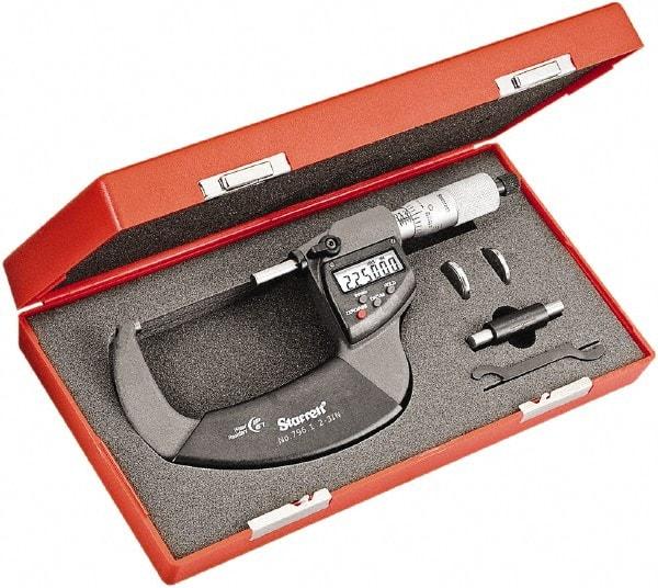 Starrett - 2 to 3" Range, Standard Throat IP67 Electronic Outside Micrometer - Ratchet Stop Thimble, Carbide Face, CR2032 Battery - Top Tool & Supply