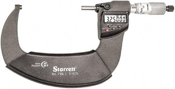 Starrett - Standard Throat IP67 Electronic Outside Micrometer - Ratchet Stop Thimble, Carbide Face, CR2032 Battery - Top Tool & Supply