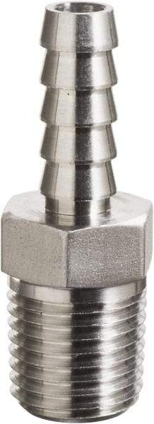 Made in USA - 1/4 x 1/2" Grade 316 Stainless Steel Pipe Hose Connector - Hose Barb x MNPT End Connections, 4,200 psi - Top Tool & Supply