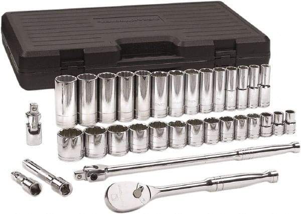 GearWrench - 33 Piece 1/2" Drive Chrome Finish Deep Well Socket Set - 12 Points, 7/16" to 1-1/2" Range, Inch Measurement Standard - Top Tool & Supply