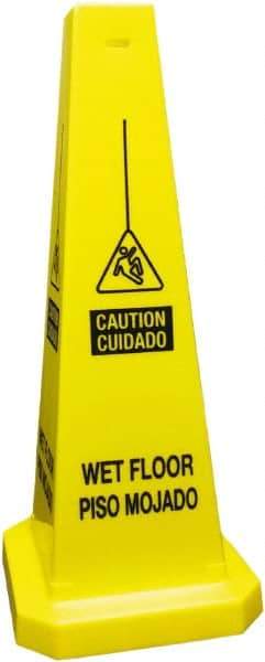 PRO-SAFE - Caution - Cuidado - Wet Floor - Piso Mojado, 10-1/2" Wide x 25-3/4" High, Polyethylene Floor Sign - English/Spanish, Cone, Black on Yellow, For Accident Prevention - Top Tool & Supply