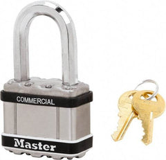 Master Lock - 1-1/2" Shackle Clearance, Keyed Alike Padlock - 3/8" Shackle Diam, Laminated Steel - Top Tool & Supply