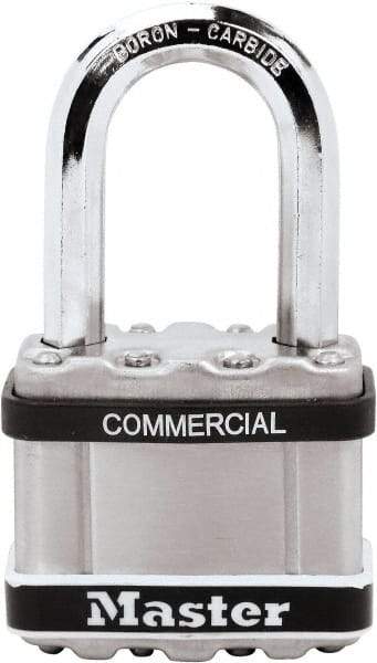 Master Lock - 1-1/2" Shackle Clearance, Keyed Different Padlock - 3/8" Shackle Diam, Laminated Steel - Top Tool & Supply