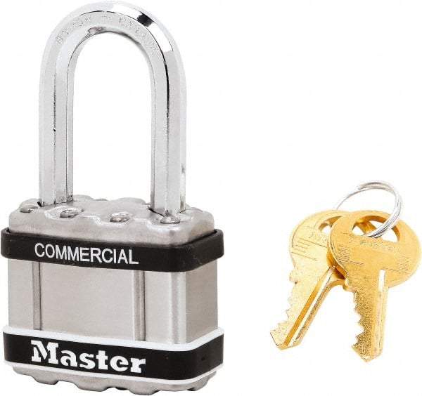 Master Lock - 1-1/2" Shackle Clearance, Keyed Alike Padlock - 5/16" Shackle Diam, Laminated Steel - Top Tool & Supply