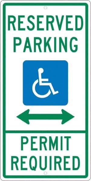 NMC - "Reserved Parking Permit Required", "Handicap Symbol", 12" Wide x 24" High, Aluminum ADA Signs - 0.063" Thick, Green & Blue on White, Rectangle, Post Mount - Top Tool & Supply