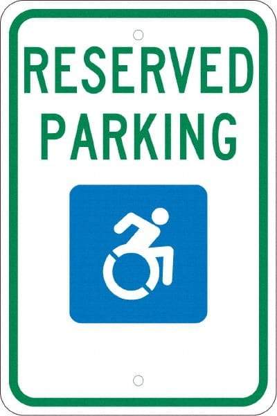 NMC - "Reserved Parking", "Handicap Symbol", 12" Wide x 18" High, Aluminum ADA Signs - 0.08" Thick, Green & Blue on White, Engineer Grade Reflectivity, Rectangle, Post Mount - Top Tool & Supply