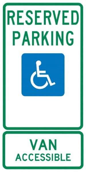 NMC - "Reserved Parking Van Accessible", "Handicap Symbol", 12" Wide x 24" High, Aluminum ADA Signs - 0.04" Thick, Green & Blue on White, Rectangle, Post Mount - Top Tool & Supply