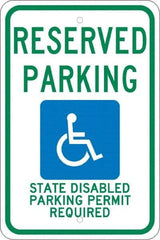 NMC - "Reserved Parking State Disabled Parking Permit Required", "Handicap Symbol", 12" Wide x 18" High, Aluminum ADA Signs - 0.08" Thick, Green & Blue on White, Engineer Grade Reflectivity, Rectangle, Post Mount - Top Tool & Supply