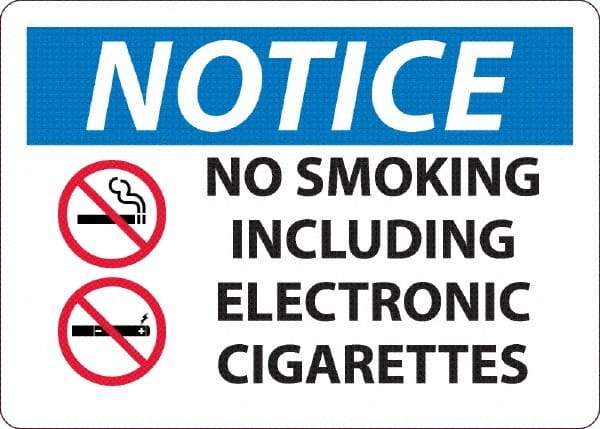 NMC - "No Smoking Including Electronic Cigarettes", 10" Long x 14" Wide, Rigid Plastic Safety Sign - Rectangle, 0.045" Thick, Use for Smoking Regulations - Top Tool & Supply