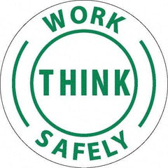 NMC - Work Think Safely, Hard Hat Label - Round, Green on White, 0.004" Thick, Indoor or Outdoor, Adhesive Backed, For Accident Prevention - Top Tool & Supply