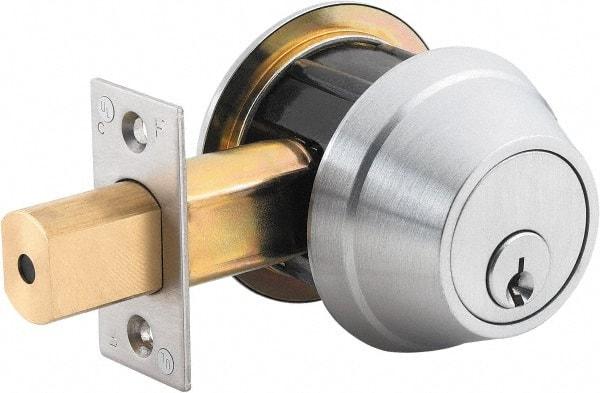 Stanley - 1-3/8 to 2" Door Thickness, Bright Brass Finish, Occupancy Indicator Deadbolt - Nonhanded Handling, Push in Lever Override, Keyless Cylinder - Top Tool & Supply