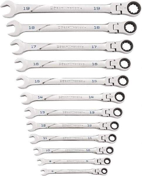 GearWrench - 12 Piece, 8mm to 19mm, Ratcheting Flexhead Combination Wrench Set - Metric Measurement Standard, Chrome Finish - Top Tool & Supply