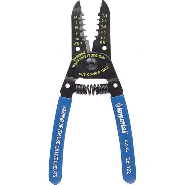 Imperial - 8 to 16 AWG Capacity Wire Stripper/Cutter - 6" OAL, Hardened Steel with Cushion Grip Handle - Top Tool & Supply