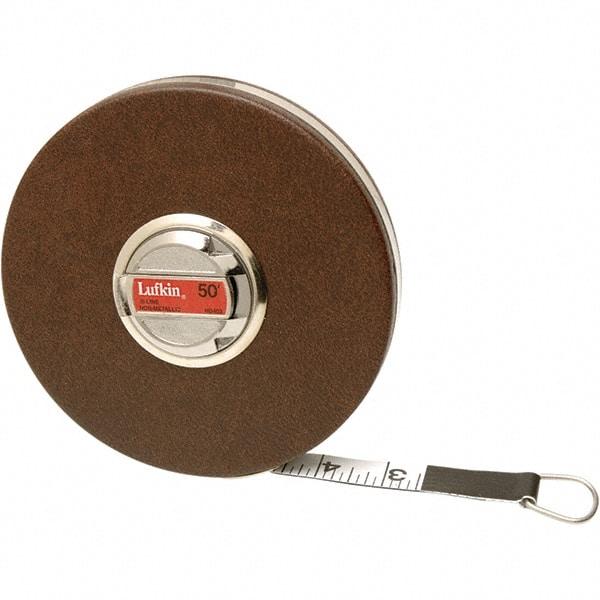 Lufkin - 50' x 5/8" White Fiberglass Blade Tape Measure - 1, 1/10 & 1/100" Graduation, Inch Graduation Style, Brown Vinyl Clad Steel Case - Top Tool & Supply