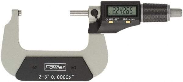 Fowler - 2 to 3" Range, 0.00005" Resolution, Standard Throat IP54 Electronic Outside Micrometer - 0.0002" Accuracy, Ratchet Stop Thimble, Carbide Face, CR2032 Battery - Top Tool & Supply