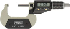 Fowler - 1 to 2" Range, 0.00005" Resolution, Standard Throat IP54 Electronic Outside Micrometer - 0.00016" Accuracy, Ratchet Stop Thimble, Carbide Face, CR2032 Battery - Top Tool & Supply