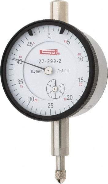 SPI - 5mm Range, 0-50 Dial Reading, 0.01mm Graduation Dial Drop Indicator - 42mm Dial, 0.5mm Range per Revolution, 0.016mm Accuracy, Includes NIST Traceability Certification - Top Tool & Supply