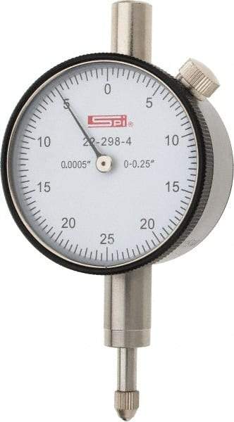 SPI - 1/4" Range, 0-25-0 Dial Reading, 0.0005" Graduation Dial Drop Indicator - 1.61" Dial, 0.05" Range per Revolution, 0.0005" Accuracy, Includes NIST Traceability Certification - Top Tool & Supply