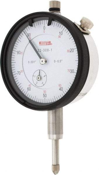 SPI - 1/2" Range, 0-100 Dial Reading, 0.001" Graduation Dial Drop Indicator - 2.2" Dial, 0.1" Range per Revolution, 0.002" Accuracy, Revolution Counter, Includes NIST Traceability Certification - Top Tool & Supply