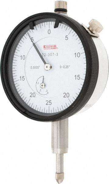 SPI - 1/4" Range, 0-25-0 Dial Reading, 0.0005" Graduation Dial Drop Indicator - 2.2" Dial, 0.05" Range per Revolution, 0.0015" Accuracy, Revolution Counter, Includes NIST Traceability Certification - Top Tool & Supply