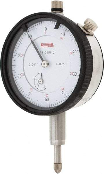 SPI - 1/4" Range, 0-100 Dial Reading, 0.001" Graduation Dial Drop Indicator - 2.2" Dial, 0.1" Range per Revolution, 0.002" Accuracy, Revolution Counter, Includes NIST Traceability Certification - Top Tool & Supply