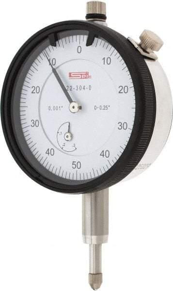 SPI - 1/4" Range, 0-50-0 Dial Reading, 0.001" Graduation Dial Drop Indicator - 2.2" Dial, 0.1" Range per Revolution, 0.002" Accuracy, Revolution Counter, Includes NIST Traceability Certification - Top Tool & Supply