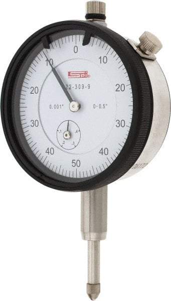 SPI - 1/2" Range, 0-50-0 Dial Reading, 0.001" Graduation Dial Drop Indicator - 2.2" Dial, 0.1" Range per Revolution, 0.002" Accuracy, Revolution Counter, Includes NIST Traceability Certification - Top Tool & Supply