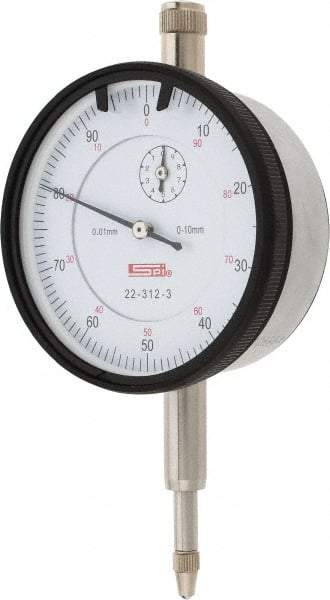 SPI - 10mm Range, 0-100 Dial Reading, 0.01mm Graduation Dial Drop Indicator - 58mm Dial, 1mm Range per Revolution, 0.02mm Accuracy, Revolution Counter, Includes NIST Traceability Certification - Top Tool & Supply