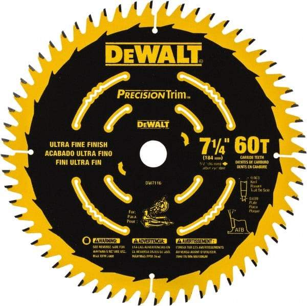 DeWALT - 7-1/4" Diam, 5/8" Arbor Hole Diam, 60 Tooth Wet & Dry Cut Saw Blade - Tungsten Carbide-Tipped, Smooth Action, Standard Round Arbor - Top Tool & Supply