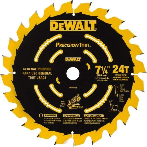 DeWALT - 7-1/4" Diam, 5/8" Arbor Hole Diam, 24 Tooth Wet & Dry Cut Saw Blade - Tungsten Carbide-Tipped, Smooth Action, Standard Round Arbor - Top Tool & Supply