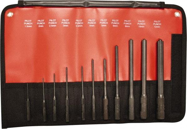 Mayhew - 11 Piece, 1.5 to 12mm, Pilot & Pin Punch Set - Hex Shank, Steel, Comes in Kit Bag - Top Tool & Supply