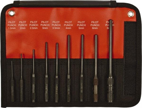 Mayhew - 9 Piece, 1.5 to 8mm, Pin & Pilot Punch Set - Hex Shank, Steel, Comes in Kit Bag - Top Tool & Supply