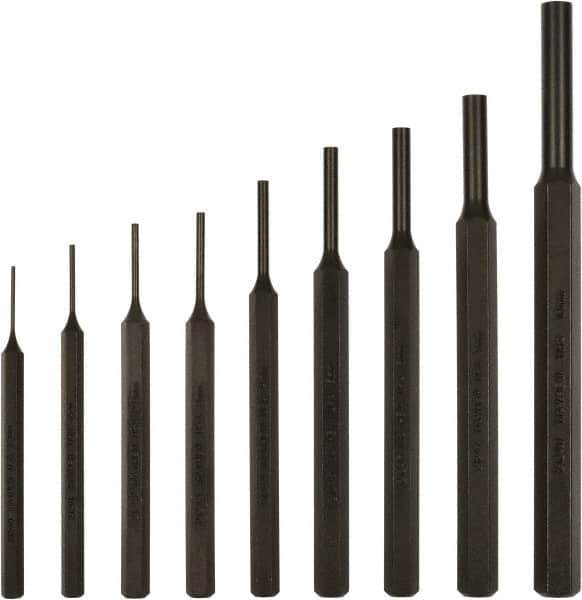 Mayhew - 9 Piece, 1.5 to 10mm, Pin Punch Set - Hex Shank, Steel, Comes in Kit Bag - Top Tool & Supply