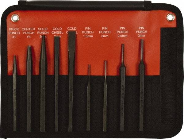 Mayhew - 9 Piece, 9/32 to 5/32", Pin Punch Set - Hex Shank, Steel, Comes in Kit Bag - Top Tool & Supply